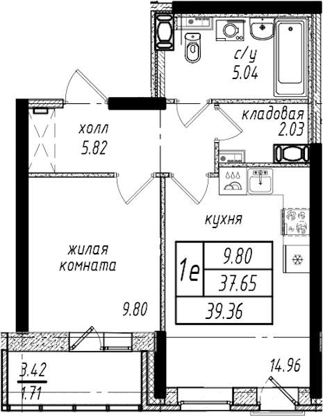 1-комнатная квартира 39.36 м², 8/25 эт., ЖК «Северная Долина»